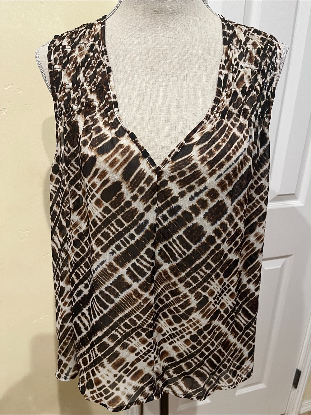 Banana Republic Sleeveless V-Neck Top in brown and cream tribal/batik print